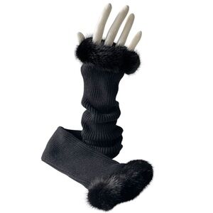 Belle Fare Cashmere Ribbed MINK Trimmed Fingerless Gloves - BLACK - NWT - O/S